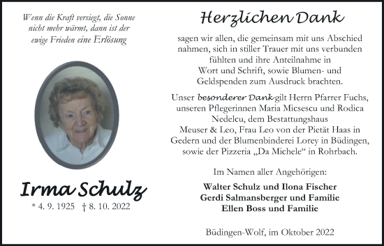 Traueranzeige von Irma Schulz von Kreis-Anzeiger