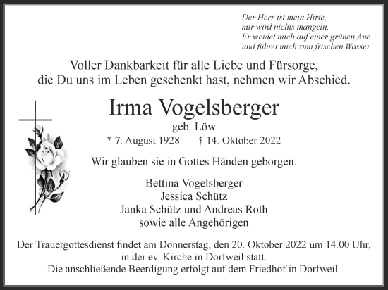 Traueranzeige von Irma Vogelsberger von Usinger Anzeiger