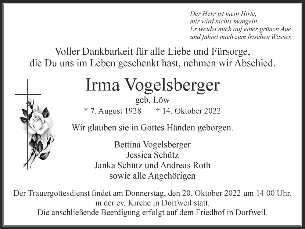  Traueranzeige für Irma Vogelsberger vom 19.10.2022 aus Usinger Anzeiger