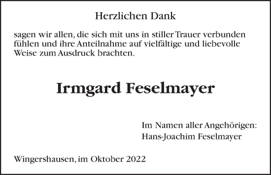 Traueranzeige von Irmgard Feselmayer von Kreis-Anzeiger