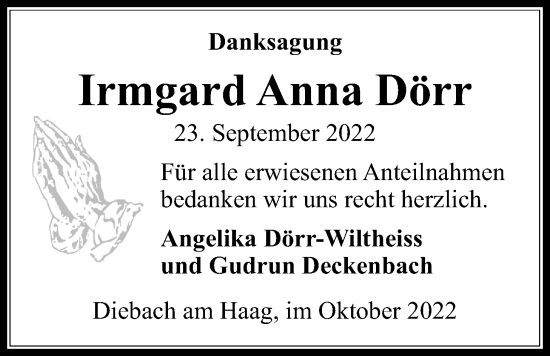 Traueranzeige von Irmgard Anna Dörr von Kreis-Anzeiger