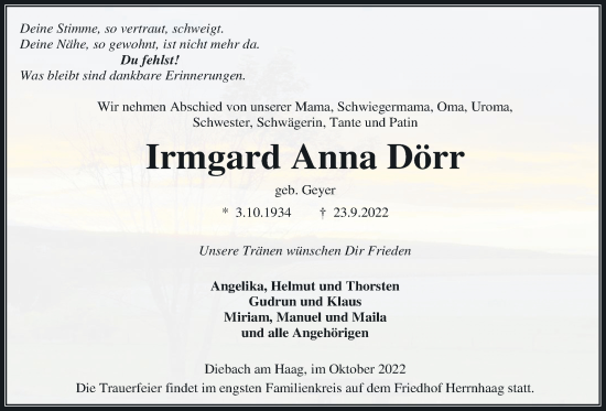 Traueranzeige von Irmgard Anna Dörr von Kreis-Anzeiger