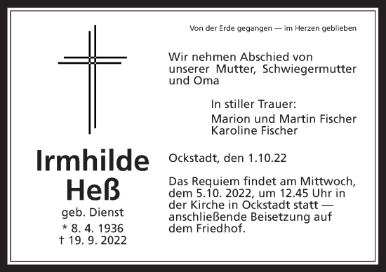 Traueranzeige von Irmhilde Heß von Wetterauer Zeitung