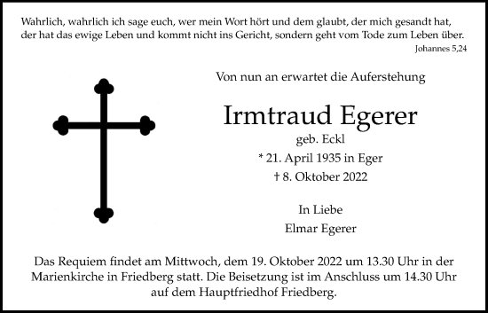 Traueranzeige von Irmtraud Egerer von Wetterauer Zeitung