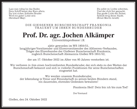 Traueranzeige von Jochen Alkämper von Wetterauer Zeitung, Giessener Allgemeine, Alsfelder Allgemeine