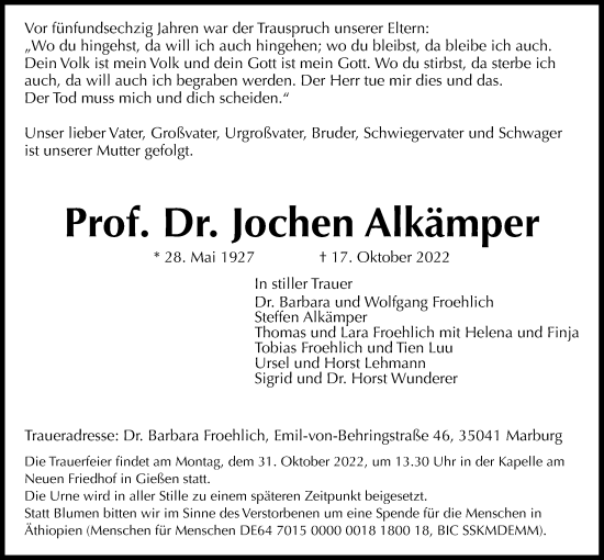 Traueranzeige von Jochen Alkämper von Giessener Allgemeine, Alsfelder Allgemeine, Giessener Anzeiger