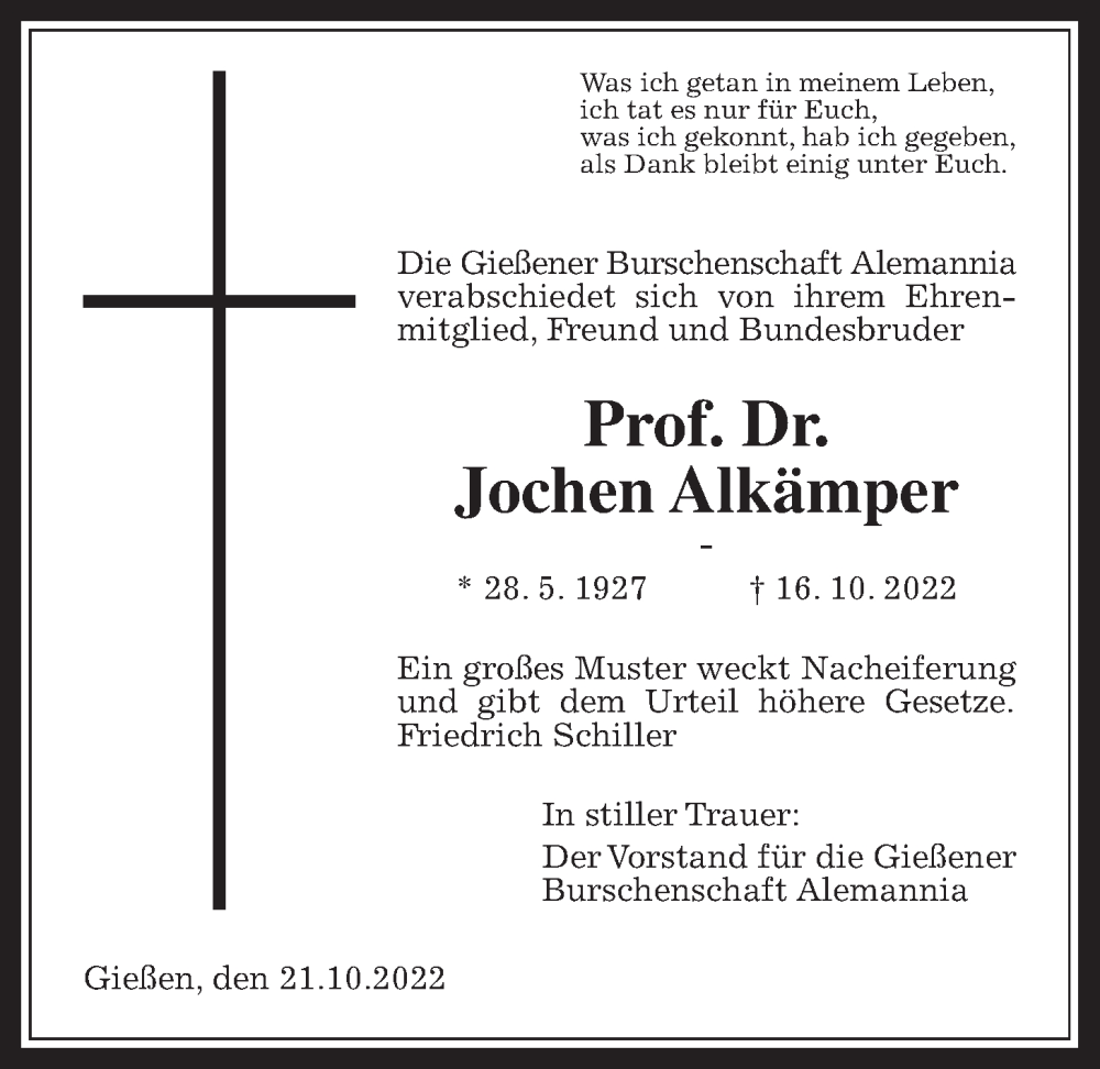  Traueranzeige für Jochen Alkämper vom 21.10.2022 aus Giessener Allgemeine, Alsfelder Allgemeine