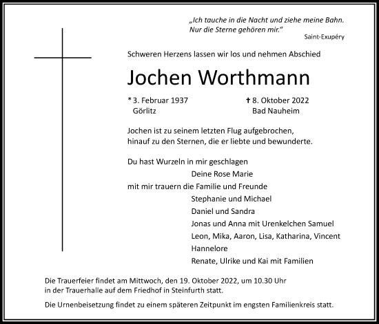 Traueranzeige von Jochen Worthmann von Wetterauer Zeitung