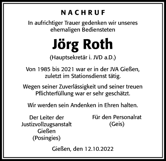 Traueranzeige von Jörg Roth von Giessener Allgemeine, Alsfelder Allgemeine