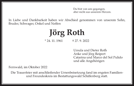 Traueranzeige von Jörg Roth von Giessener Allgemeine, Alsfelder Allgemeine