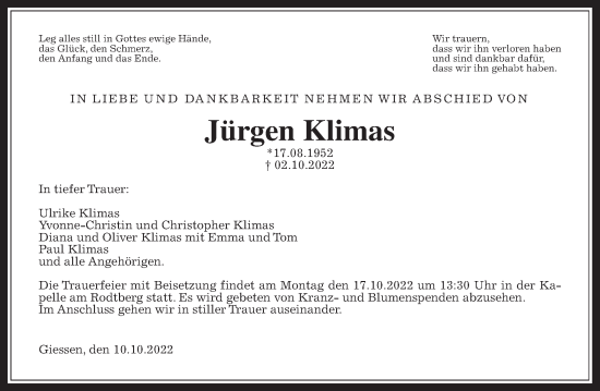 Traueranzeige von Jürgen Klimas von Giessener Allgemeine, Alsfelder Allgemeine
