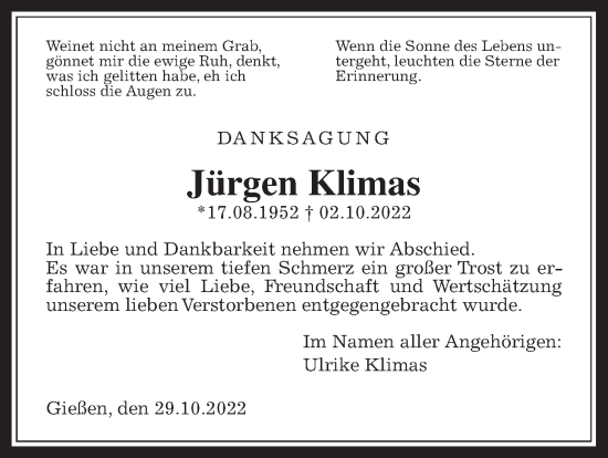 Traueranzeige von Jürgen Klimas von Giessener Allgemeine, Alsfelder Allgemeine