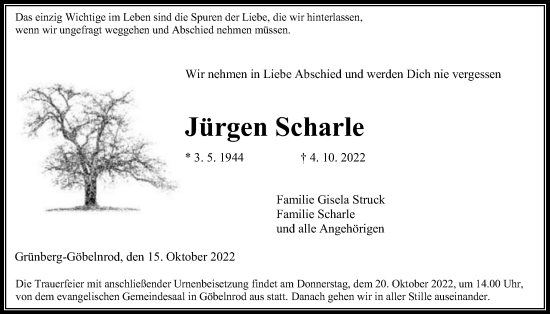 Traueranzeige von Jürgen Scharle von Giessener Allgemeine, Alsfelder Allgemeine