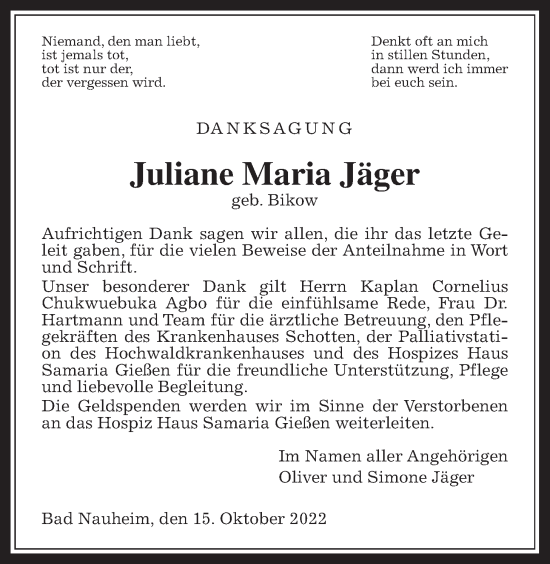 Traueranzeige von Juliane Maria Jäger von Wetterauer Zeitung