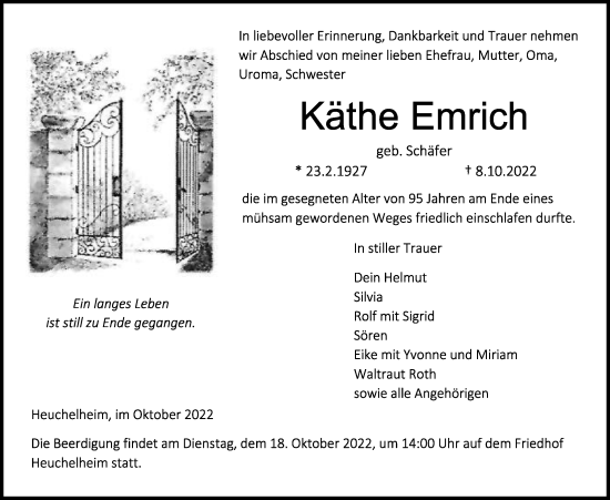 Traueranzeige von Käthe Emrich von Giessener Allgemeine, Alsfelder Allgemeine