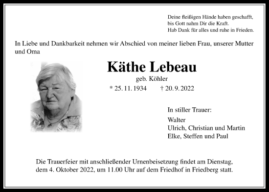 Traueranzeige von Käthe Lebeau von Wetterauer Zeitung