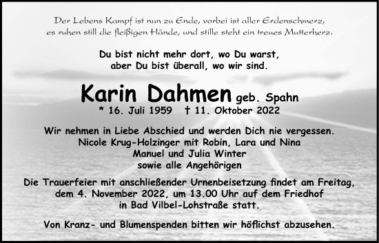 Traueranzeige von Karin Dahmen von Bad Vilbel/Karben