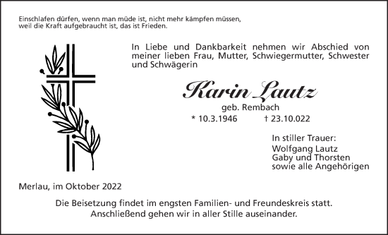 Traueranzeige von Karin Lautz von Alsfelder Allgemeine