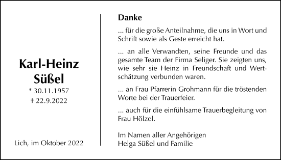 Traueranzeige von Karl-Heinz Süßel von Licher Wochenblatt
