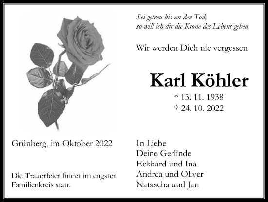Traueranzeige von Karl Köhler von Giessener Allgemeine, Alsfelder Allgemeine