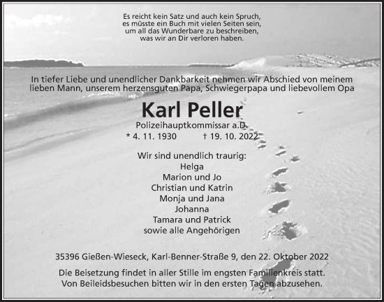 Traueranzeige von Karl Peller von Giessener Allgemeine, Alsfelder Allgemeine, Giessener Anzeiger