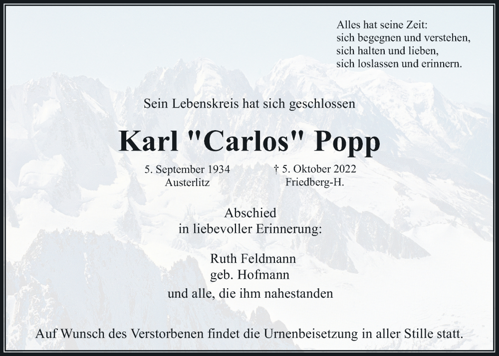  Traueranzeige für Karl Popp vom 22.10.2022 aus Wetterauer Zeitung