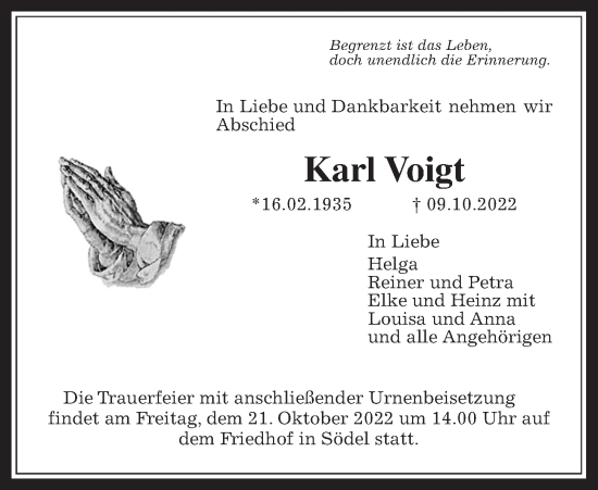 Traueranzeige von Karl Voigt von Wetterauer Zeitung