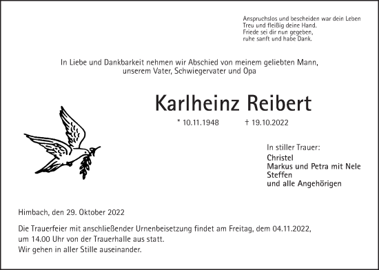 Traueranzeige von Karlheinz Reibert von Kreis-Anzeiger