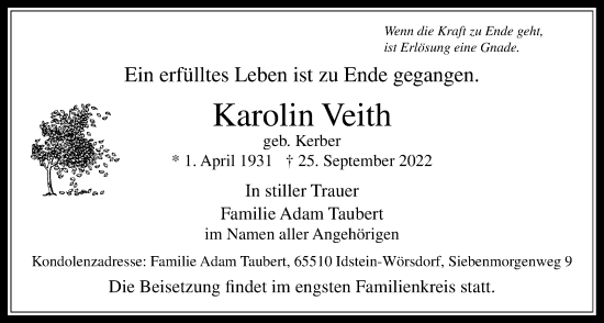Traueranzeige von Karolin Veith von Usinger Anzeiger