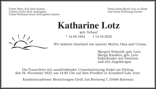 Traueranzeige von Katharine Lotz von Giessener Allgemeine, Alsfelder Allgemeine