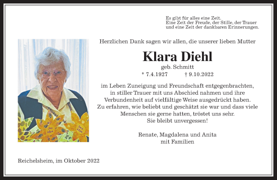 Traueranzeige von Klara Diehl von Wetterauer Zeitung
