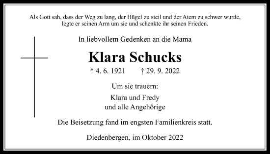 Traueranzeige von Klara Schucks 