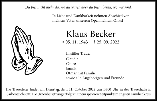 Traueranzeige von Klaus Becker von Giessener Anzeiger, Giessener Allgemeine, Alsfelder Allgemeine