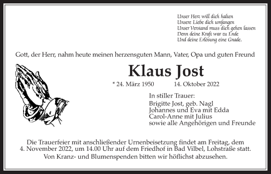 Traueranzeige von Klaus Jost von Bad Vilbel/Karben