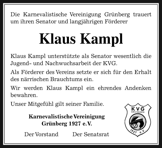 Traueranzeige von Klaus Kampl von Heimatzeitung Grünberg + Laubach