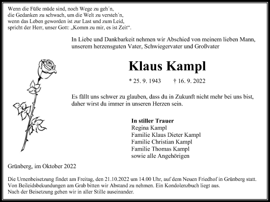 Traueranzeige von Klaus Kampl von Giessener Allgemeine, Alsfelder Allgemeine, Heimatzeitung Grünberg + Laubach