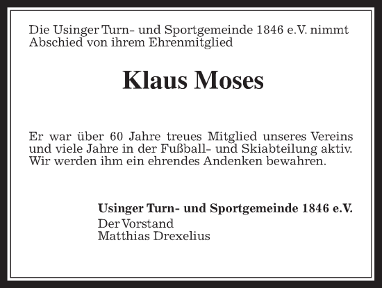 Traueranzeige von Klaus Moses von Usinger Anzeiger