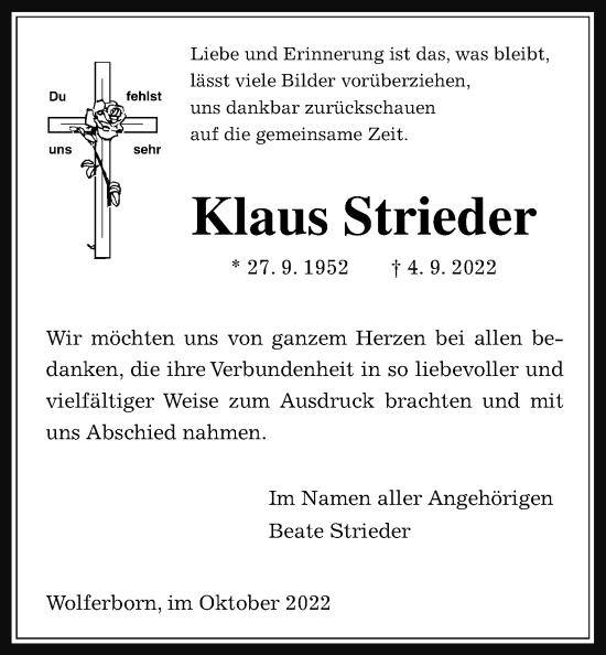 Traueranzeige von Klaus Strieder von Kreis-Anzeiger