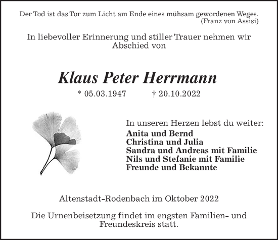 Traueranzeige von Klaus Peter Herrmann von Kreis-Anzeiger
