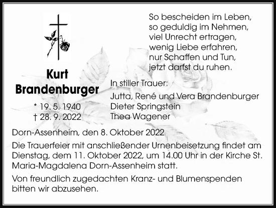 Traueranzeige von Kurt Brandenburger von Wetterauer Zeitung