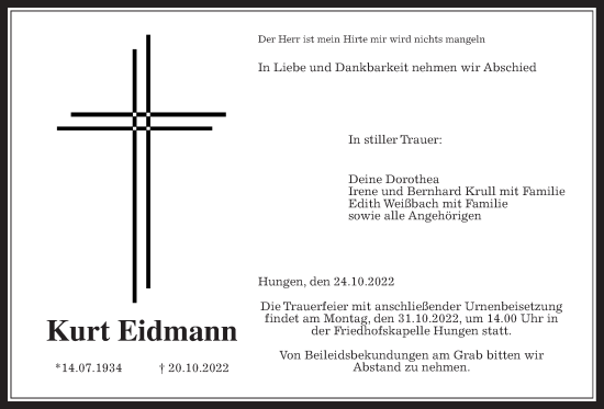 Traueranzeige von Kurt Eidmann von Giessener Allgemeine, Alsfelder Allgemeine, Giessener Anzeiger