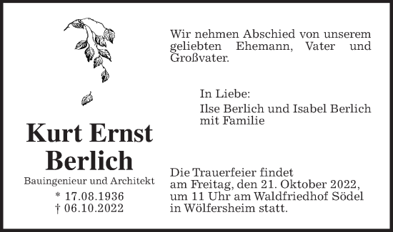 Traueranzeige von Kurt Ernst Berlich von Wetterauer Zeitung