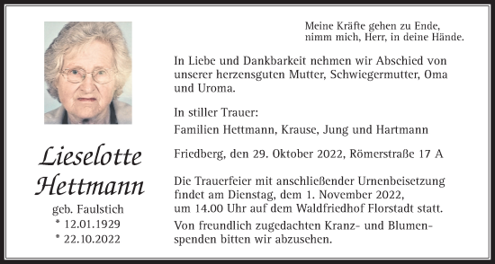 Traueranzeige von Lieselotte Hettmann von Wetterauer Zeitung