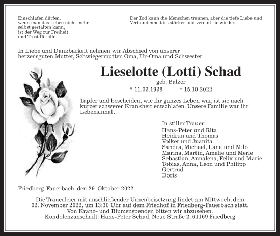 Traueranzeige von Lieselotte Schad von Wetterauer Zeitung