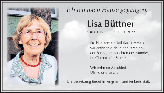 Traueranzeige von Lisa Büttner von Kreis-Anzeiger