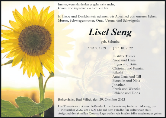 Traueranzeige von Lisel Seng von Giessener Allgemeine, Alsfelder Allgemeine, Giessener Anzeiger