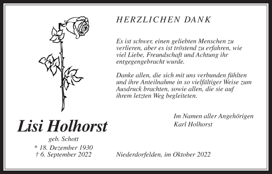 Traueranzeige von Lisi Holhorst von Bad Vilbel/Karben