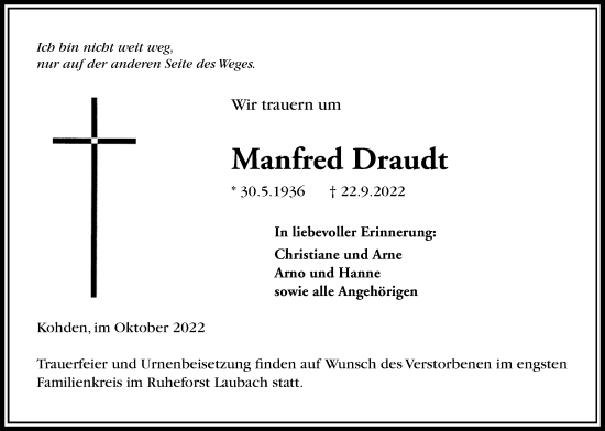 Traueranzeige von Manfred Draudt von Kreis-Anzeiger