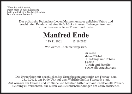 Traueranzeige von Manfred Ende von Wetterauer Zeitung