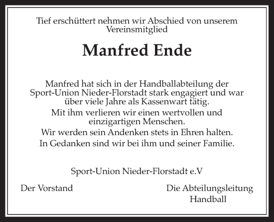 Traueranzeige von Manfred Ende von Wetterauer Zeitung